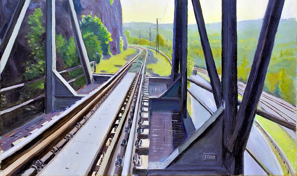 Gemälde von Frank Täubner „Brückenfahrt der Rübelandbahn“.