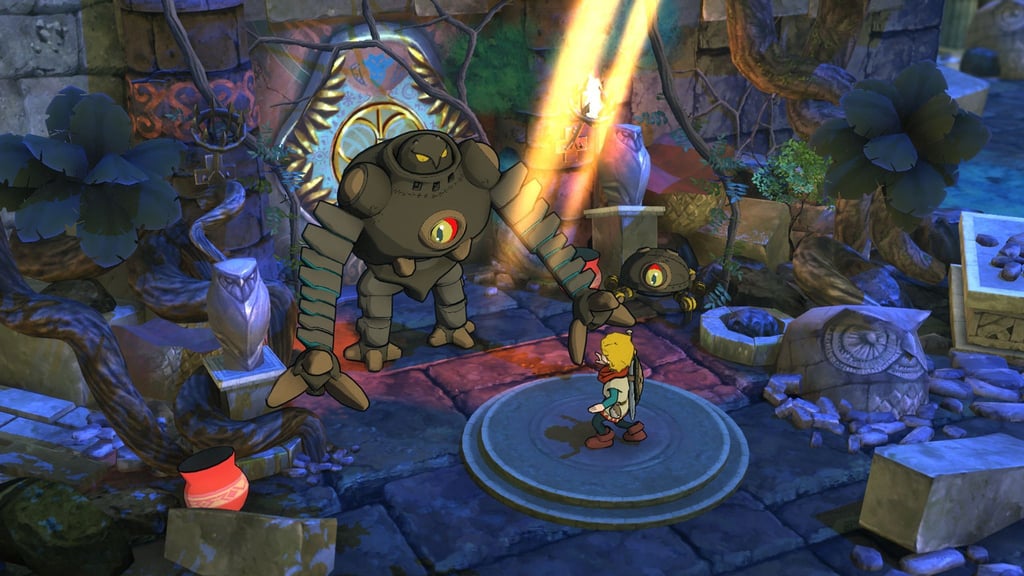 Sogar auf solche Roboter trifft man in „Baldo: The Guardian Owls“.
