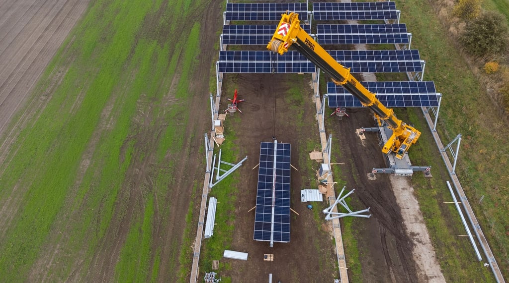 Mit einem Kran wird eine Agrar-Photovoltaik-Anlage in Niedersachsen montiert.