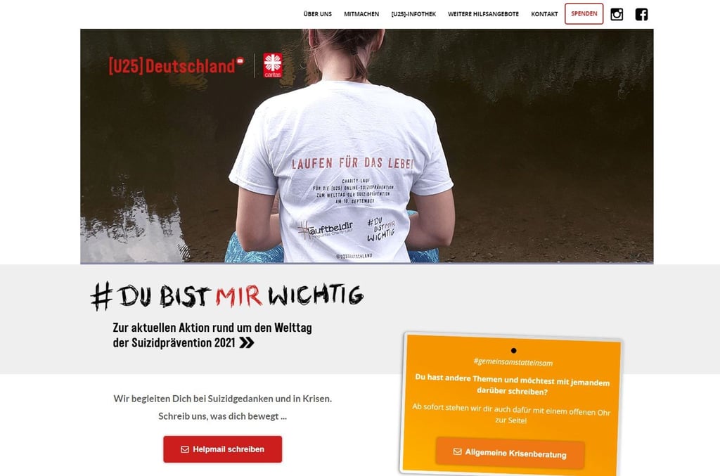 Screenshot der Internetseite von U25, einer Online-Anlaufstelle für junge Menschen mit Suizidgedanken. Bei U25, einem Angebot des Caritasverbandes, stehen 300 junge Ehrenamtliche in 10 Städten Deutschlands verzweifelten Jugendlichen per Email zur Seite.