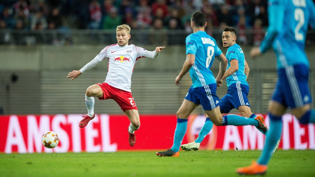 Konrad Laimer spielte 2018 mit RB Leipzig gegen Olympique Marseille.