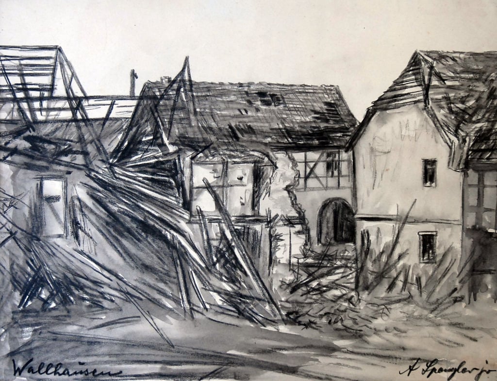 Die Wallhäuser Hauptstraße nach dem Bombenangriff, gemalt von Adolf Spengler.