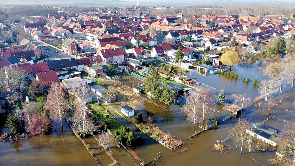 Unweit der Bodebrücke bei Wegeleben haben die Fluten zahlreiche Wiesen sowie angrenzende Gärten überflutet. 