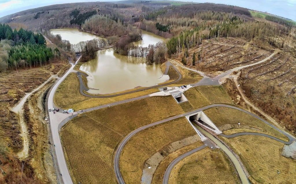 Das Areal an der Talsperre Wippra mit einer kleinen Seenlandschaft hinter dem Staubauwerk.