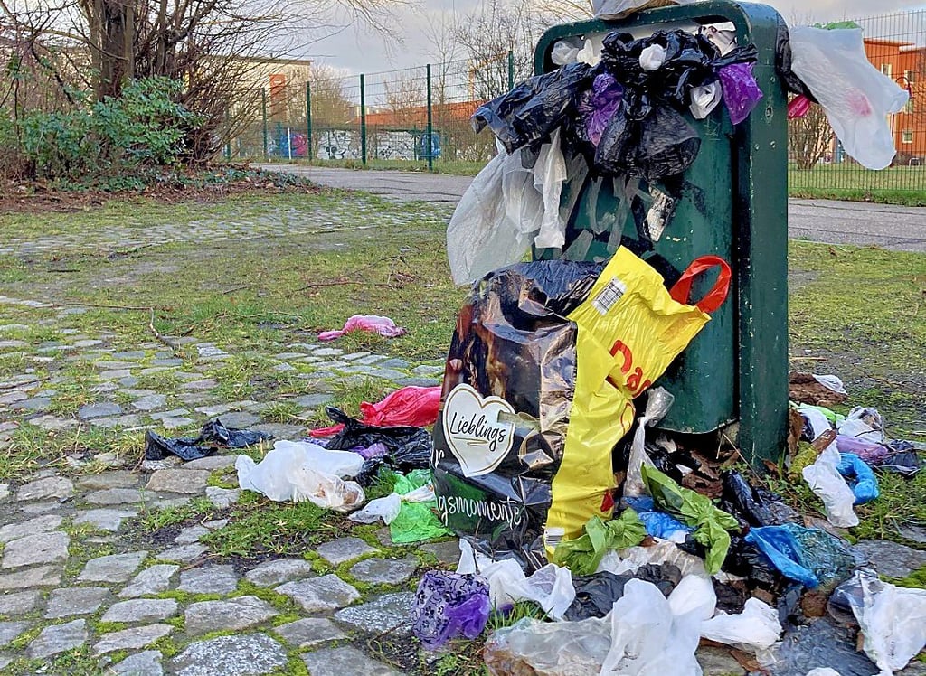 Überfüllte Papierkörbe trüben das Bild am Magdeburger Torweg, der fahrzeugfreien Verbindung zwischen Gneisenauring und Scharhorstring.