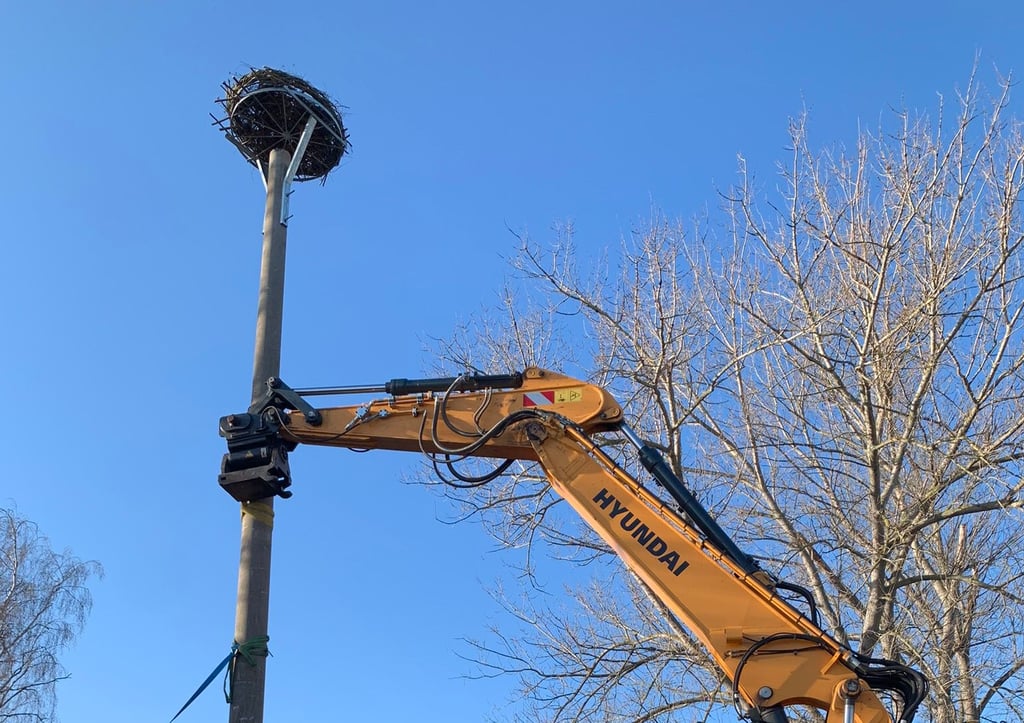 Der Betonmast mit dem Storchennest wird nahe dem Feuerwehrdepot in Görzig aufgestellt.