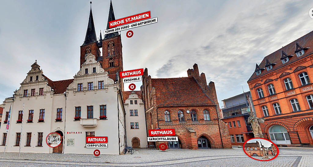 Beim virtuellen Rundgang über den Stendaler Marktplatz können einzelne Punkte angeklickt werden, um Informationen zur Geschichte abzurufen.
