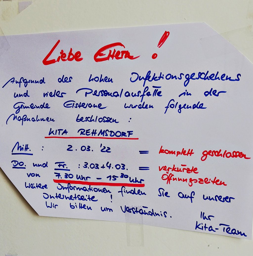 Mit diesem Aushang wurden die Eltern der Kindertagesstätte in Rehmsdorf über die Schließung informiert.