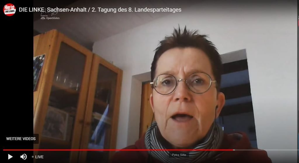 "Resultat dieses kapitalistischen Systems": Die linke Bundestagsabgeordnete Petra Sitte, zugeschaltet zum Landesparteitag in Leuna.