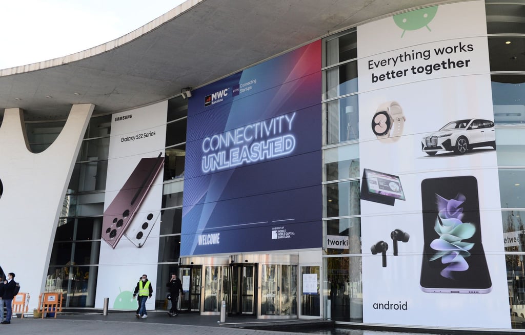 Eingang der Mobilfunk-Messe „Mobile World Congress“ in Barcelona.