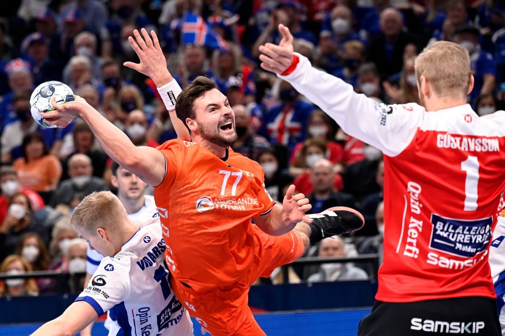 Der Niederländer Dani Baijens (M) kommt gegen Islands Torhüter Bjorgvin Pall Gustavsson (r) zum Wurf.