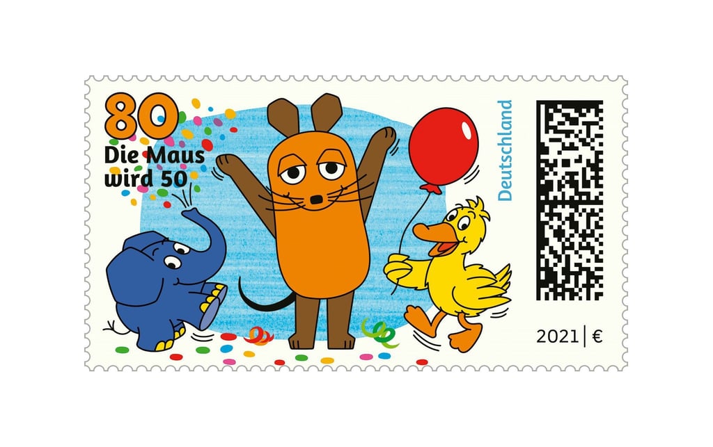 Die Briefmarke „Sendung mit der Maus“ mit der Maus, dem Elefanten und der Ente im Nennwert von 80 Euro-Cent.