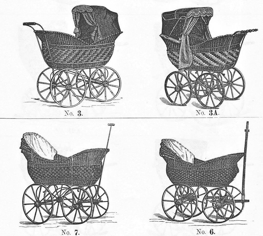Kinderwagen-Modelle der Firma E.A. Naether von 1883 werden hier gezeigt.