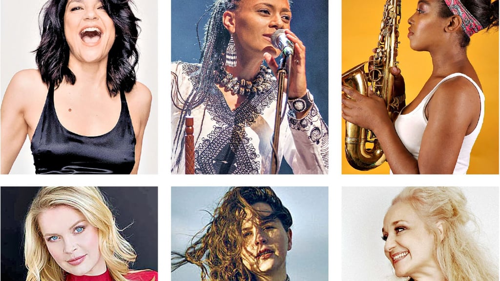 Diese Jazz-Frauen kommen zum Festival: Jasmin Tabatabai, Sona Jobarteh, Camilla George, Bria Skonberg, Anna Grèta und Cæcilie Norby (von links oben nach rechts unten)