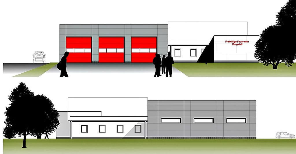 Zeichnung der Ansicht des neuen Feuerwehrgerätehauses für die Ortsfeuerwehr Burgstall.