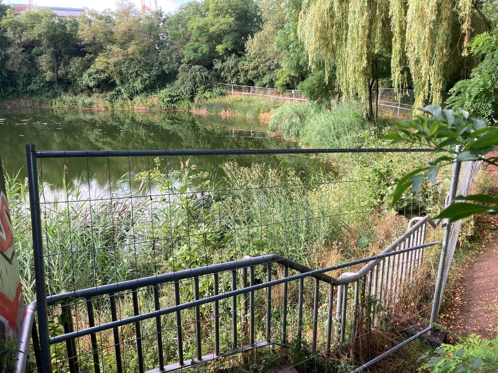 Der Böschungsbereich vom Sternsee an der Olvenstedter Chaussee in Magdeburg ist mit einem Bauzaun abgesperrt. Grund dafür sind Mängel am Geländer, die behoben werden müssen.