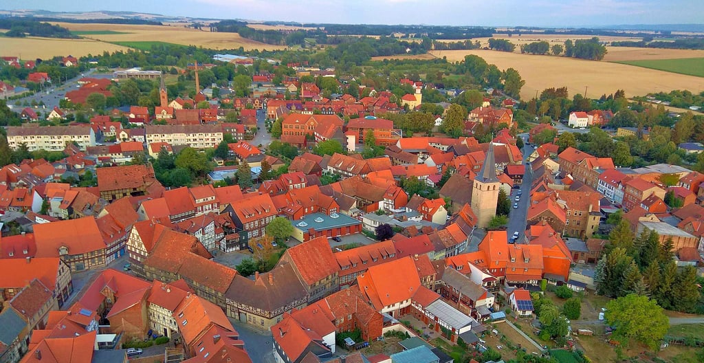 Blick über die Dächer von Osterwieck. Alt- und Neubau des vakanten Fallstein-Gymnasiums sind in der oberen Bildmitte zu erkennen.
