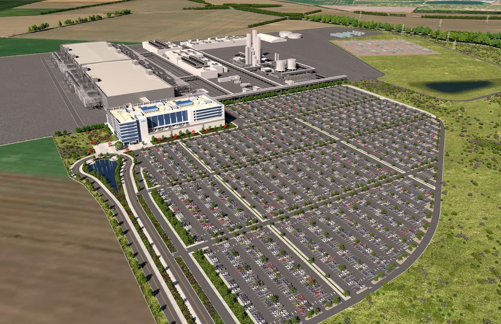 Eine Visualisierung zeigt frühe Pläne für zwei neue Intel-Prozessorfabriken in Magdeburg.