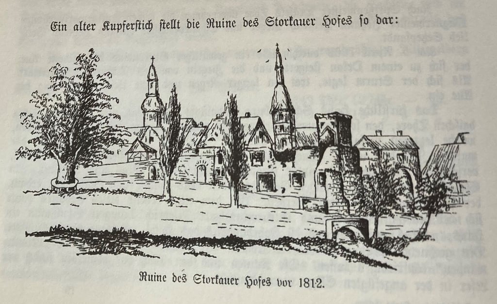 Ein alter Kupferstich der Storkauer Ruine vor 1812 aus den Sammlungen von Fritz Rößler.