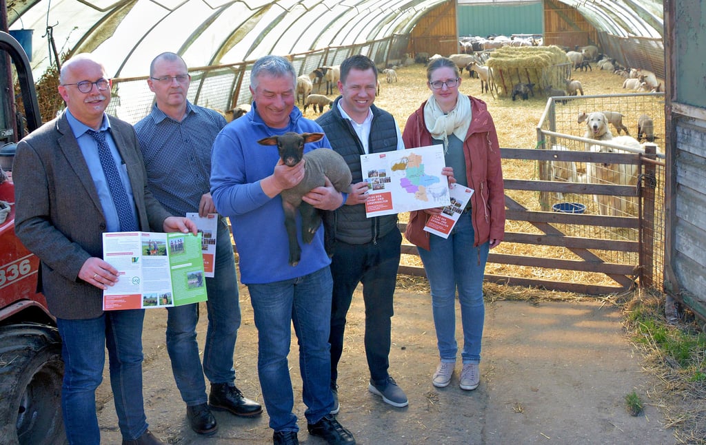 Wolfgang Oxe (von links), Referent im Landwirtschaftsministerium, Hans-Jörg Rösler, Geschäftsführer des Landeskontrollverbandes, Gastgeber Axel Schuster, Jörg Bühnemann, Geschäftsführer der Agrarmarketinggesellschaft Sachsen-Anhalt, und Elisabeth Baurichter, Geschäftsführerin des Landesschafzuchtverbandes präsentierten in Beuster den neuen „Atlas der Schaf- und Ziegenhalter“. Noch sind die 400 Muttern und der Nachwuchs im Stall. Bald geht es wieder auf die Deiche im Umland.