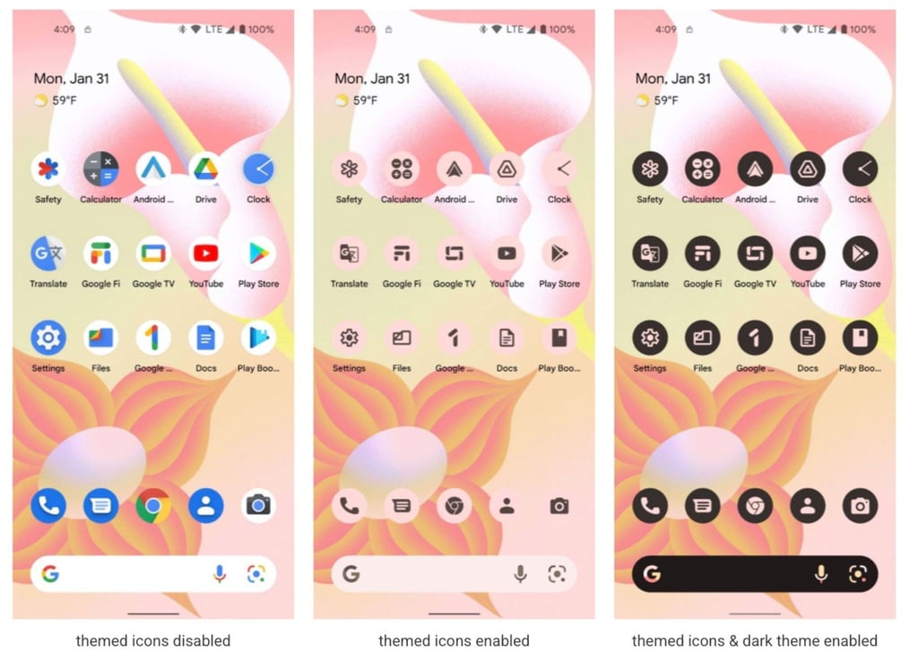 Weniger kunterbunt: Auf Basis eines Farbtons des Hintergrundbildes können künftig alle App-Icons monochrom dargestellt werden. Diese Schlichtheit gehört zur neuen Android-Designsprache Material You.