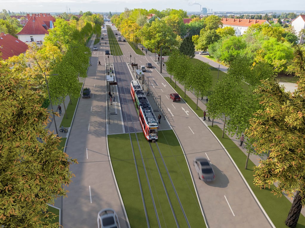 Die Visualisierung zeigt, wie die Merseburger Straße nach dem Umbau aussehen soll.