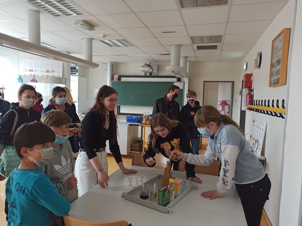 Kleine Experimente rund um das Fach Chemie werden beim Tag der offenen Tür in der Sekundarschule Möser bestaunt.