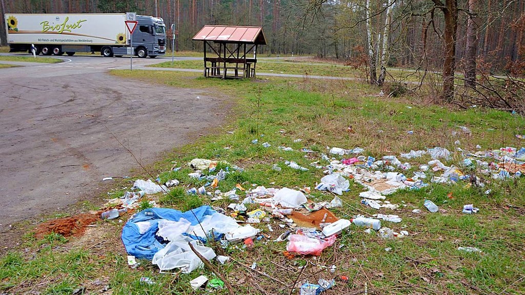 Vor zwei Wochen lag der Müll noch halbwegs konzentriert auf dem kleinen B189-Rastplatz Höhe Abfahrt Polkern. Der Sturm hat ihn nun verteilt.