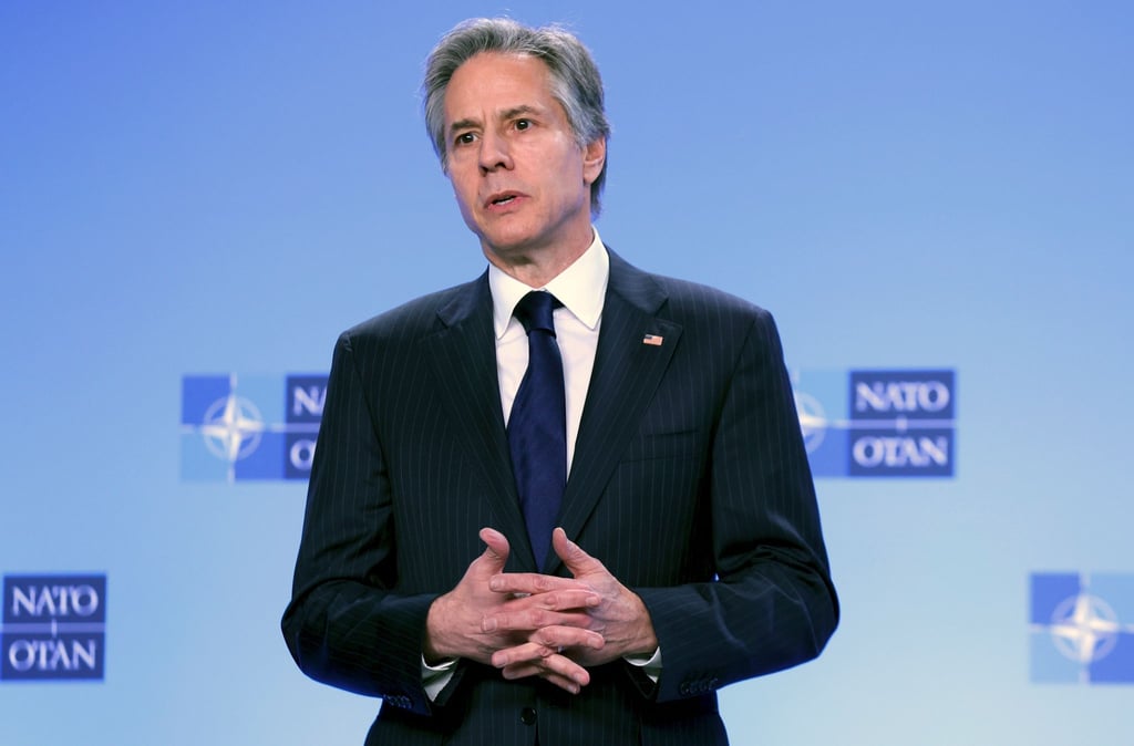 US-Außenminister Antony Blinken spricht bei einem Treffen mit Nato-Generalsekretär Stoltenberg in Brüssel.