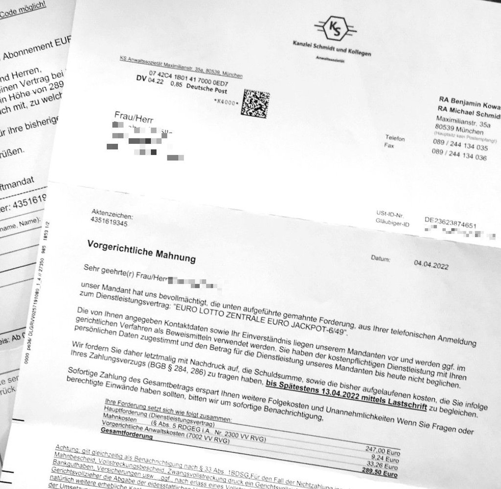 So oder so ähnlich sehen die aktuell verschickten Mahnungsschreiben der Kanzlei "Schmidt & Kollegen" aus.