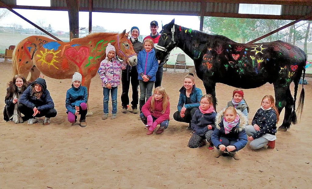 Ein Erlebnis für Mensch und Tier auf dem Pferdeschutzhof Cobbel bei Tangerhütte: Zirkusdame Mijou und Friesenmischling Paruso wurden von Kindern liebevoll mit Fingerfarben und Haarbändern verschönert.