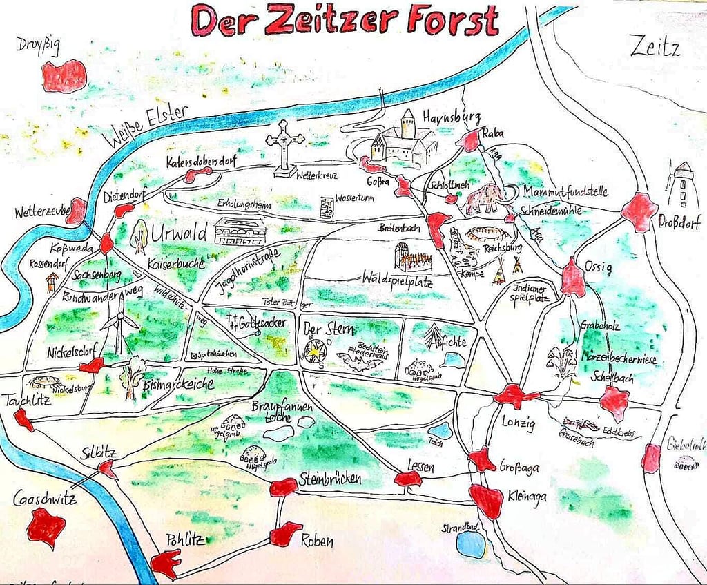 Eine gezeichnete Karte des Zeitzer Forstes.