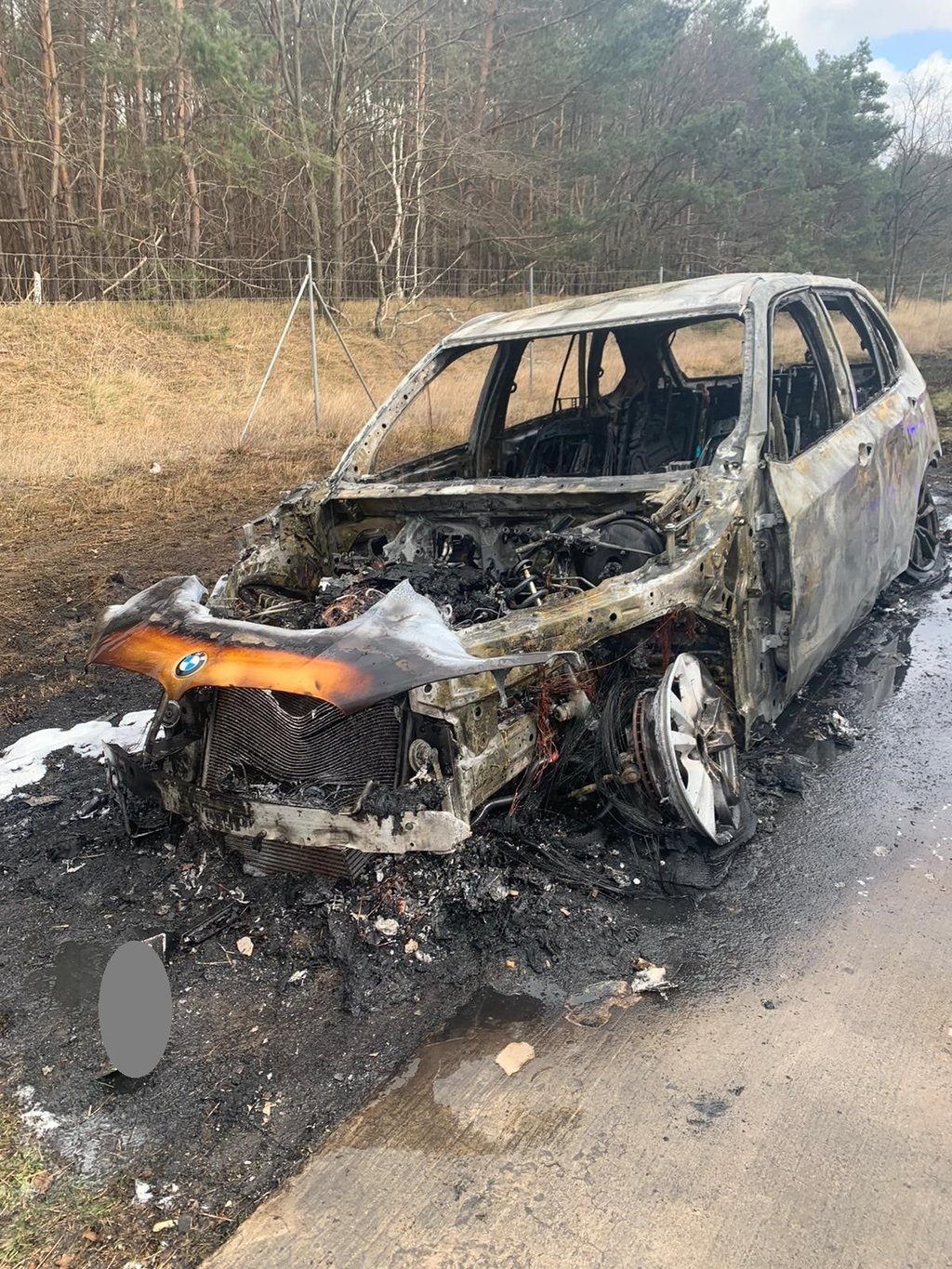 Der ausgebrannte BMW der dreiköpfigen Familie neben der A2 in Richtung Hannover.