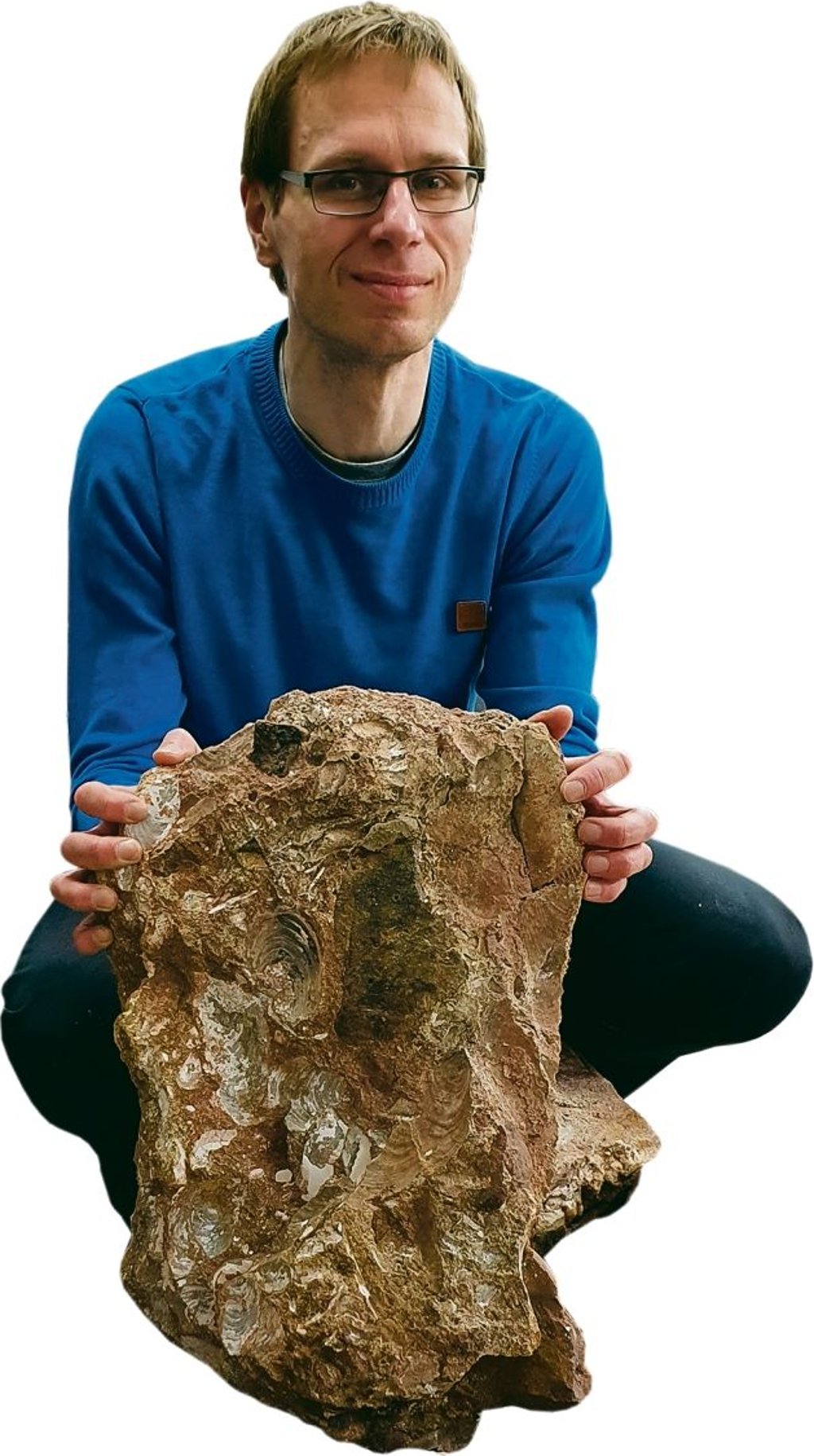Geologe Michael Buchwitz zeigt einen Stein aus dem Grünsand, in dem der Abdruck von Muscheln zu erkennen ist.