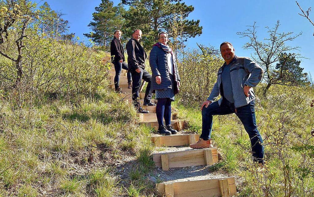 Begehung im Sonnenschein: Frederik Sandner (v.r.) und Monika Ludwig erklimmen mit Matthias Henniger und Toni Wipper die erneuerte Himmelsleiter.