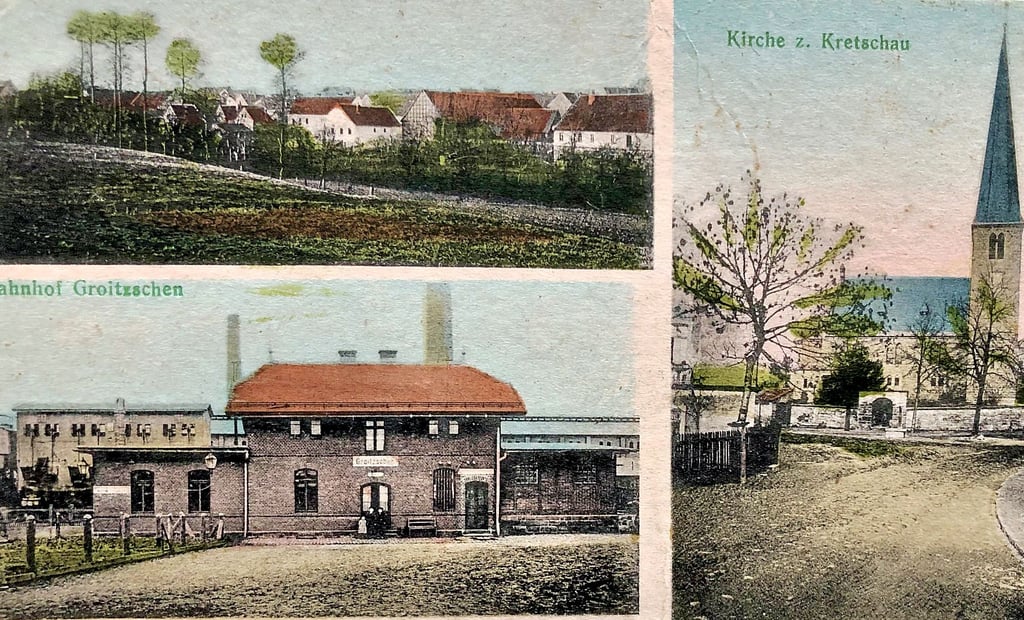 Vom Bahnhof Groitzschen aus lief ab 1897 noch vor der Eröffnung der Komplettstrecke der Wagenladungsverkehr in Richtung Zeitz und in Richtung Waldau. Die Postkarte ist 1918 als Feldpost gelaufen.