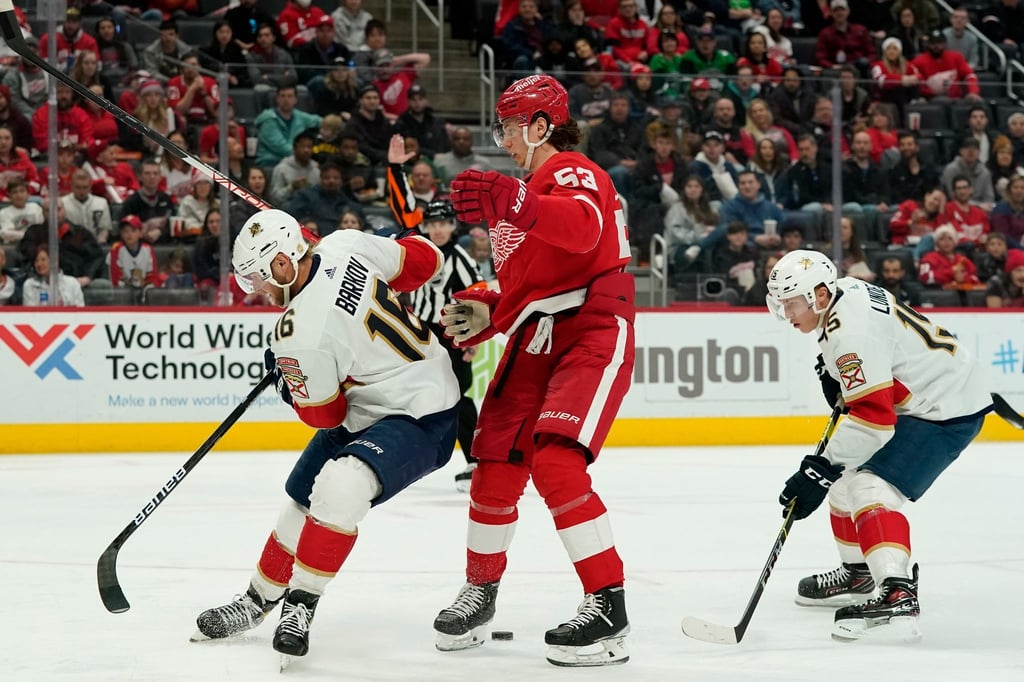 Moritz Seider (M) musste sich mit den Detroit Red Wings den Florida Panthers geschlagen geben.
