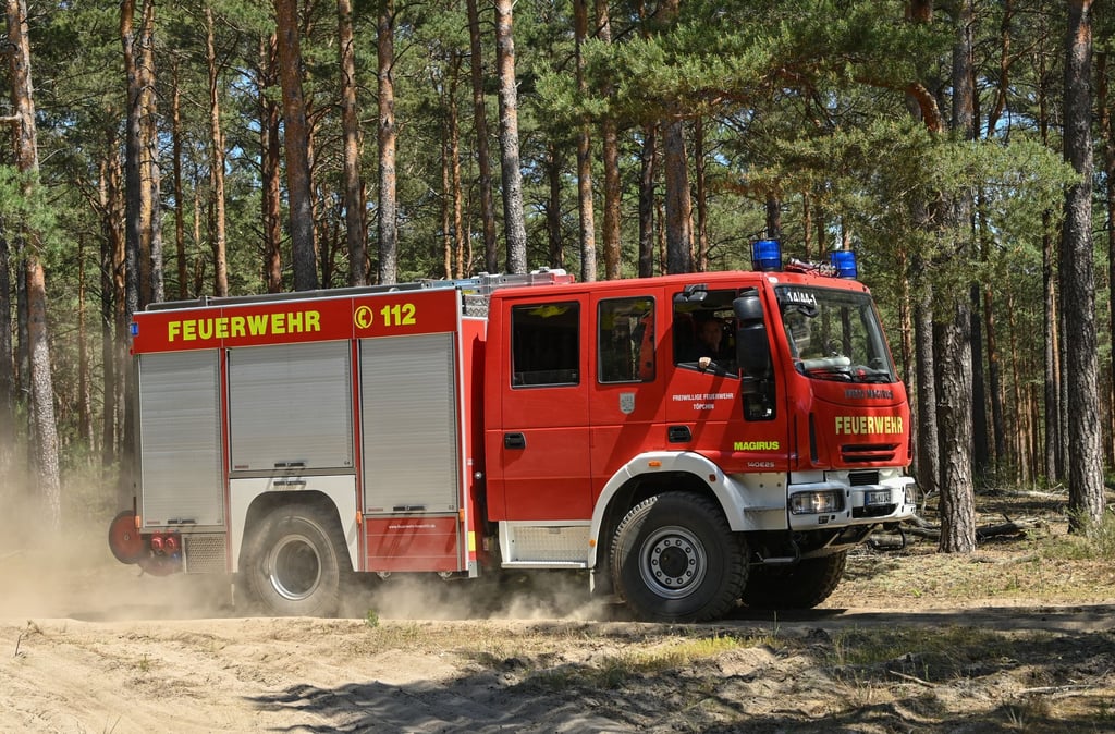Ein Löschfahrzeug der Feuerwehr ist zu einem Brand in einem Kiefernwald: Steigende Temperaturen und Trockenheit sind potenzielle Ursachen für Waldbrände.