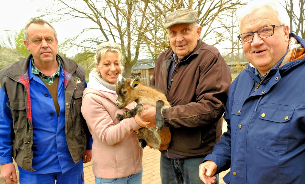 Katja Schmolke und Hans Klingner vom Verein der Pferdesportler und Naturfreunde Blankenburg schenkten dem Tiergehege Westerhausen einen Zwergziegenbock zum 50-jährigen Bestehen - ganz zur Freude von Fördervereinsvorstand Bruno Jung (rechts) und Mitarbeiter Torsten Mansfeld (links).