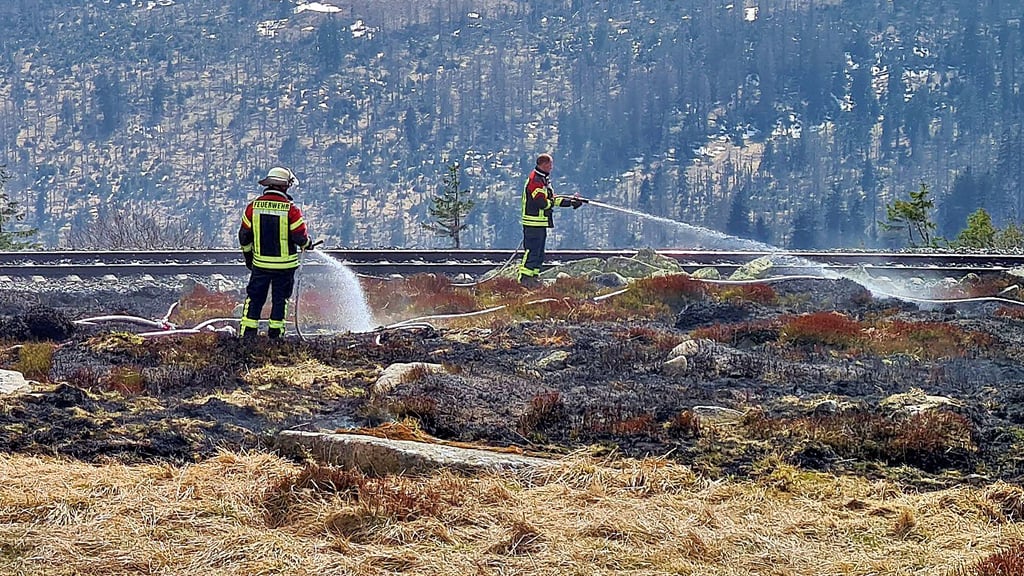 Die Feuerwehr löscht einen Buschbrand an der Teufelskanzel auf der Südseite der Brockenkuppe.
