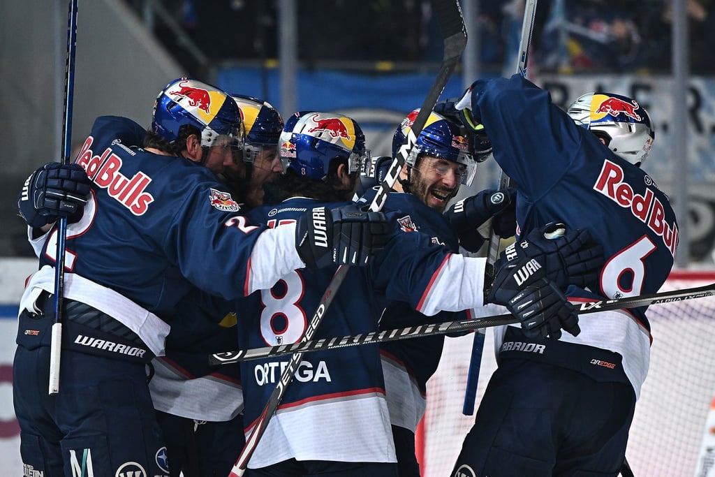 Die Spieler vom EHC Red Bull München feiern einen Treffer gegen die Grizzlys Wolfsburg.