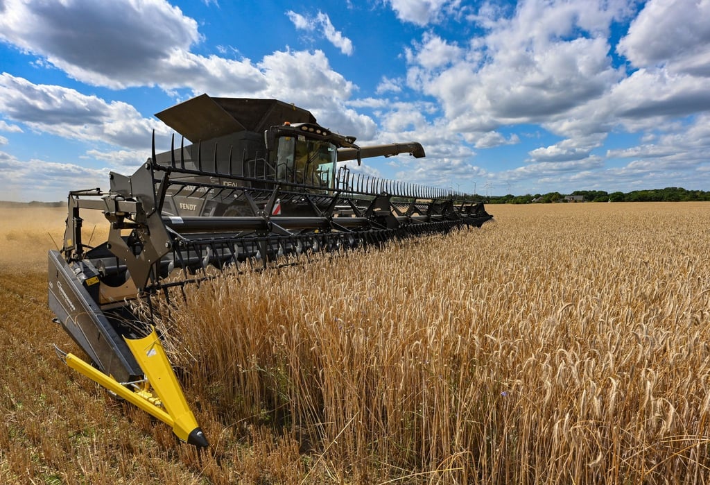 Auf einem Feld wird mit einem Mähdrescher Roggen gedroschen. Weil Russland Seewege der Ukraine blockiert, können wichtige Getreidelieferungen nicht das Land verlassen.