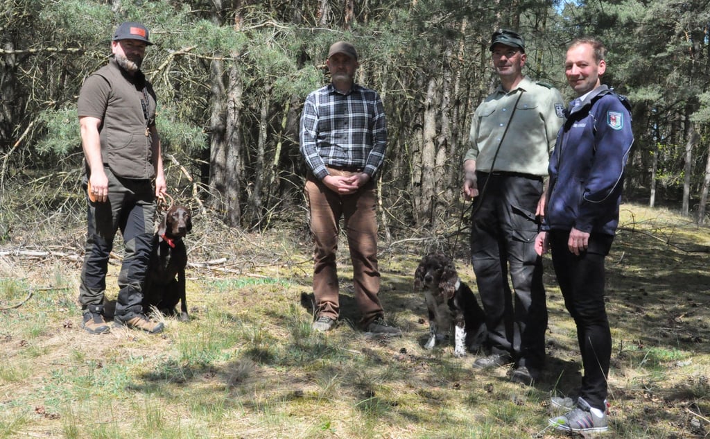 Jäger klagen über zunehmende illegale Crossrennen vor allem in den Wäldern der Zichtauer Hellberge, hier Tino Preiß, Jungjäger aus Wiepke mit seiner Deutschkurzhaarhündin Hera (von links), Rüdiger Kass, Detlev Riesner von der Bundesforst mit seiner Wachtelhündin Selma und Florian Kauer vom städtischen Ordnungsamt.