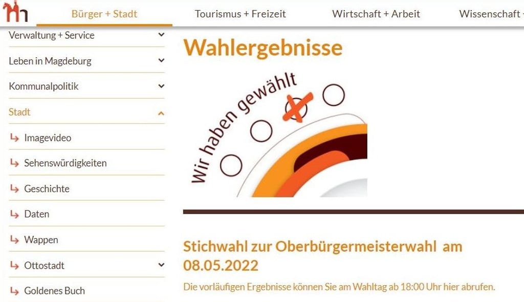Unter www.magdeburg.de sollen Interessierte den Stand der Stimmauszählung zur Oberbürgermeisterwahl verfolgen können. Beim ersten Wahlgang am 24. April 2022 kam es dabei zu Störungen.