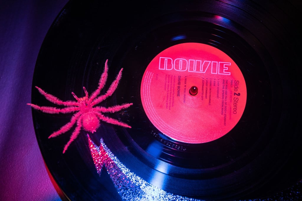Das Modell der fossilen Spinne "Heteropoda davidbowie" liegt auf einer Schallplatte des verstorbenen Sängers. In der Ausstellung werden Fossilien gezeigt, die nach Rockmusikern benannt wurden.