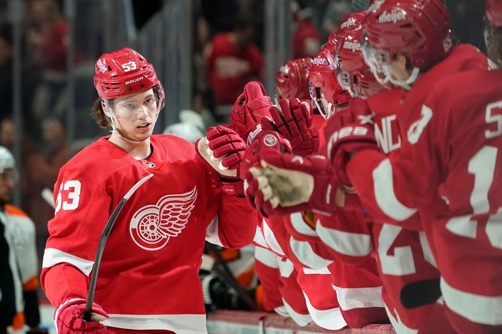 Nationalspieler Moritz Seider (l) spielt in der NHL bei den Detroit Red Wings.