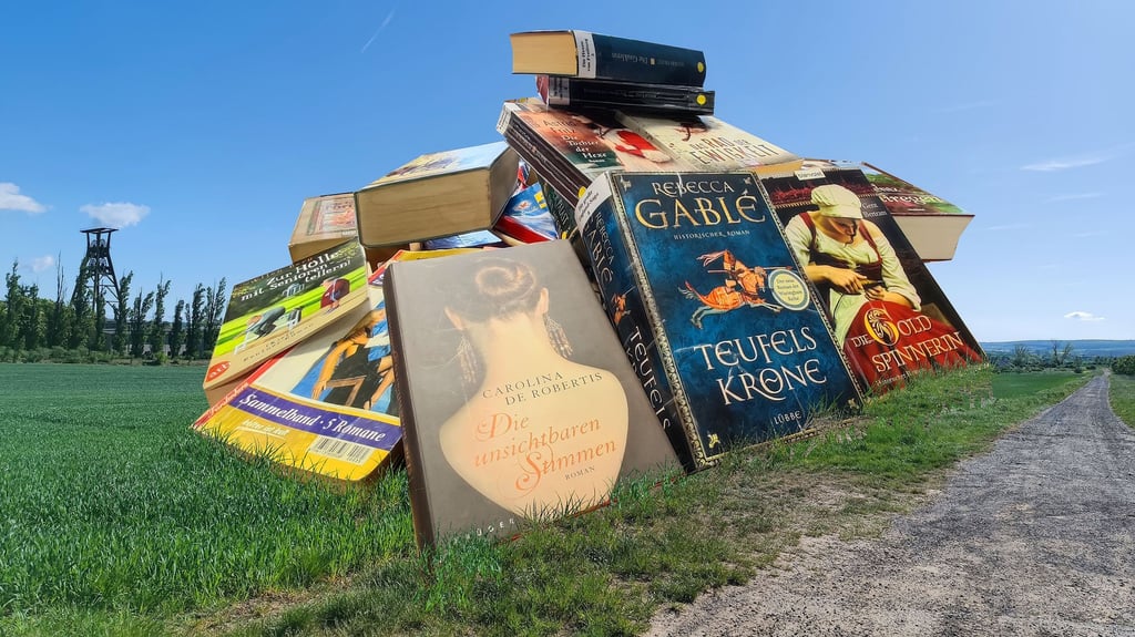 Fotomontage - Eine Halde bedeckt mit Büchern ist das Ziel des Thüringer Künsters