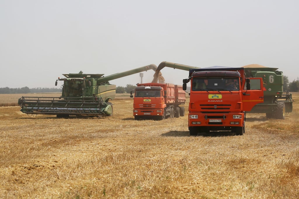 Landwirte ernten mit ihren Mähdreschern Weizen auf einem Weizenfeld in der Region Krasnodar im Südwesten Russlands.