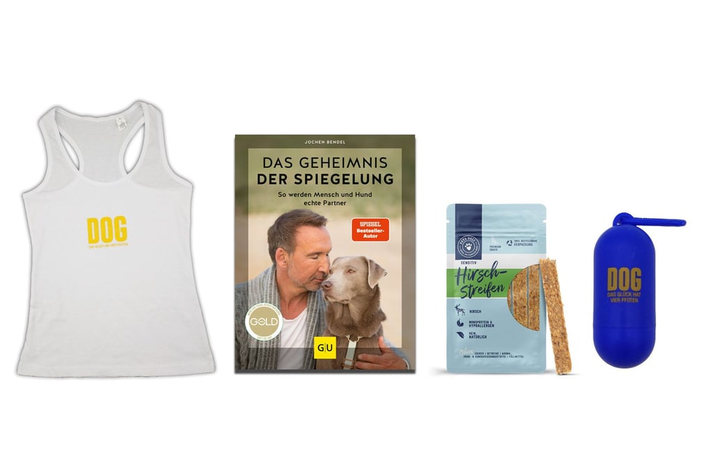 Wir verlosen 3x 1 Dog-Paket bestehend aus einem Tank Top, einem Hundeball, einer Gassibox, einem PetsDeli Hirschstreifen und dem Buch „Geheimnis der Spiegelung“ vom GU Verlag.