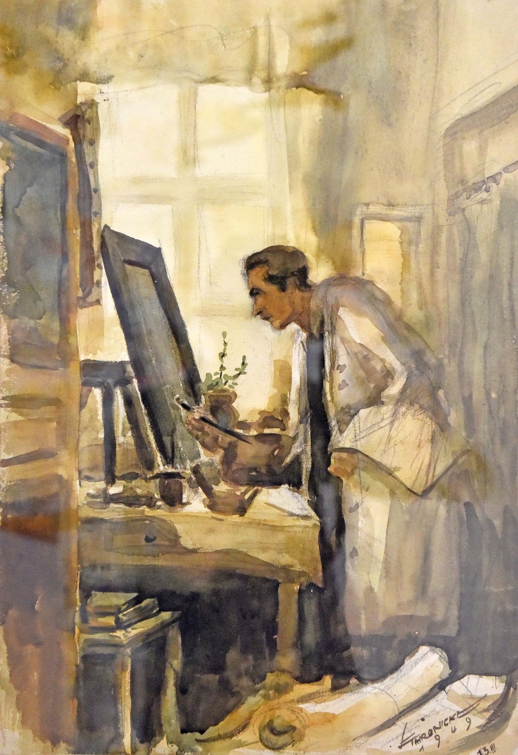 Ein Selbstbildnis bei der Arbeit aus dem Jahr 1949 - gemalt mit Aquarell